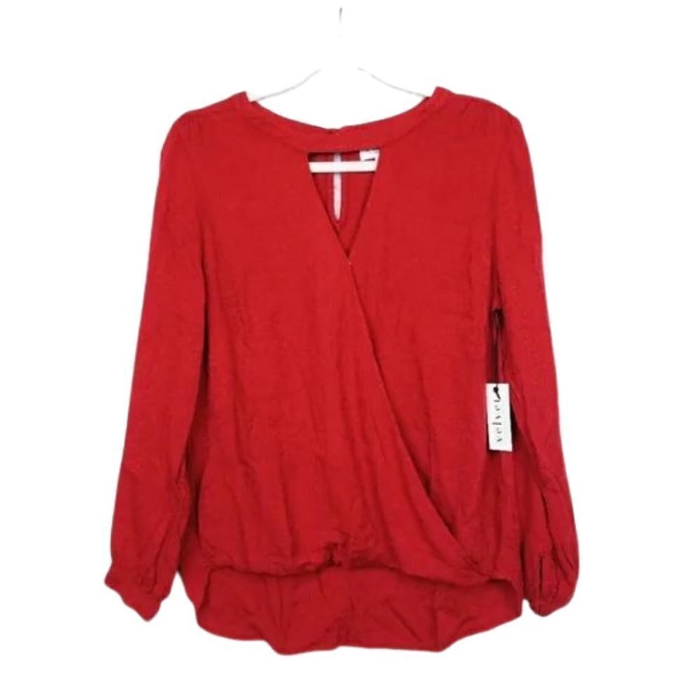 Velvet Red Long Sleeve Faux Wrap Top Blouse